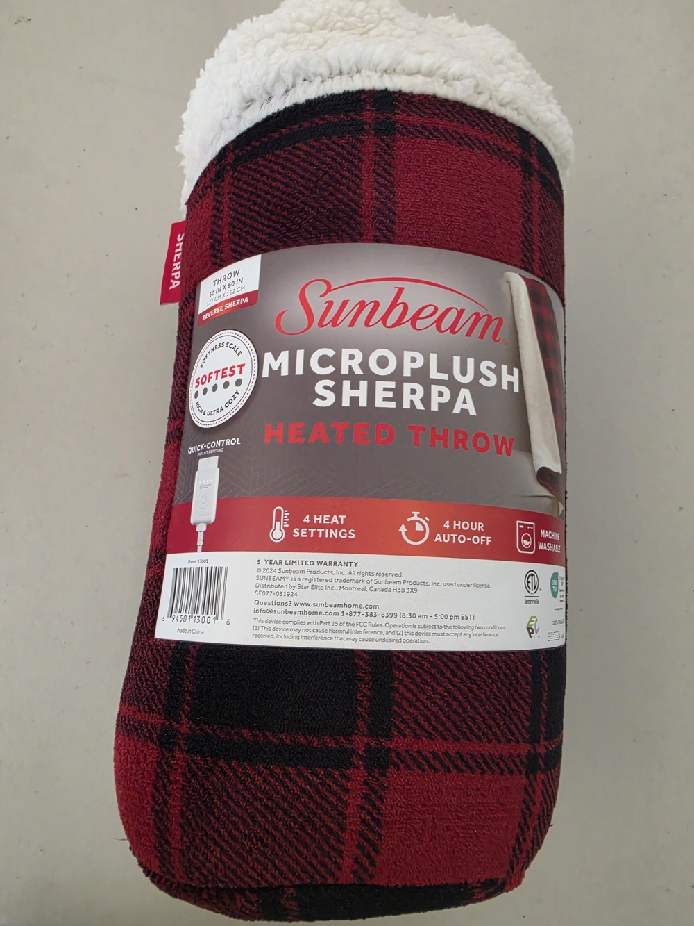Sunbeam Microplush Sherpa Heated Throw - Red & Black Plaid